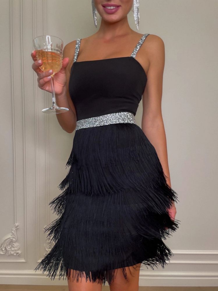 Черное бандажное платье с бахромой «Tati»