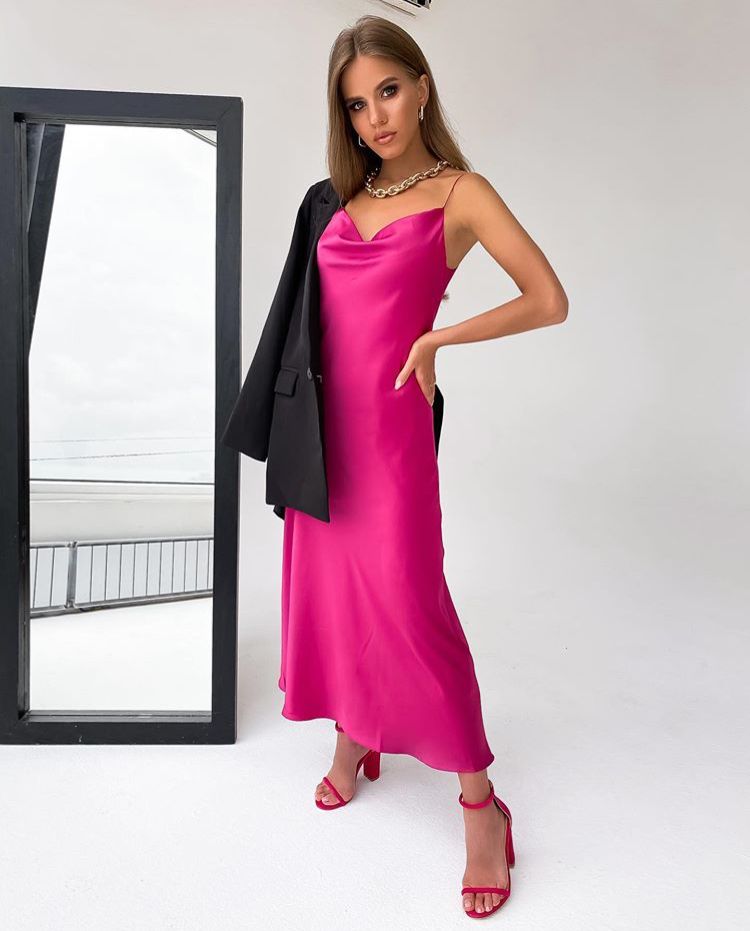Шелковое платье комбинация фуксия «Silk»